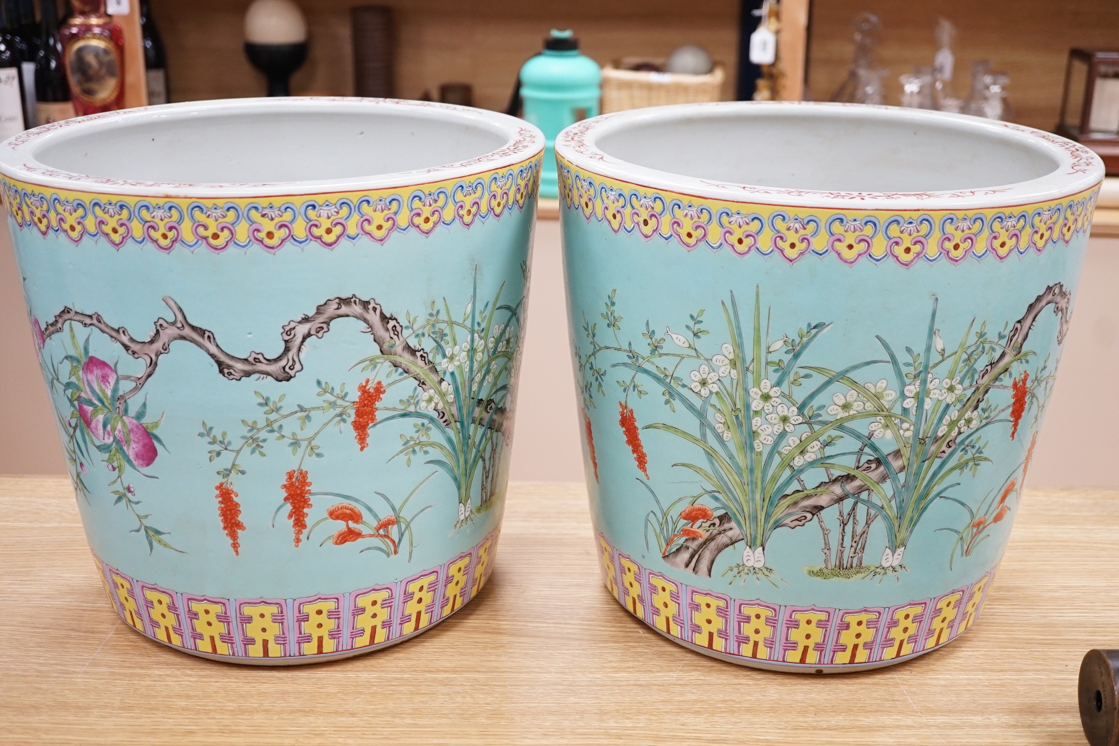 A pair of large Chinese enamelled porcelain planters, 34cm